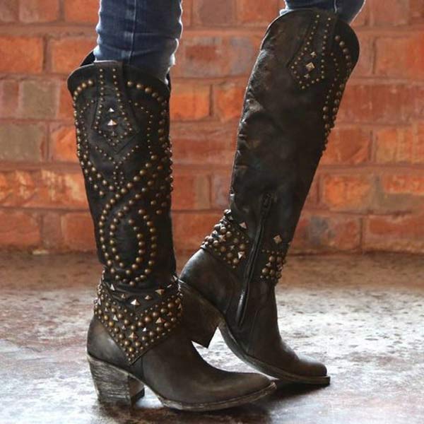 Damenstiefel, hoch, Chunky Absatz, synthetisches Material, mit metallischen Nieten-3