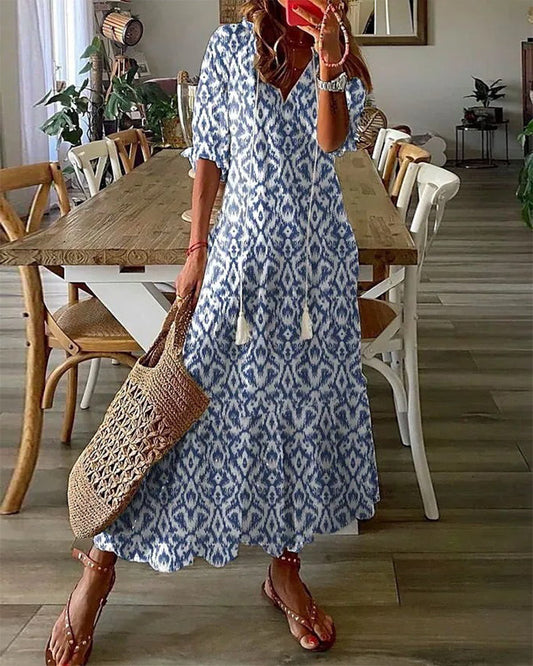 Damen-Maxikleid, Boho, V-Ausschnitt, mit Quastenband aus leichten Material-1