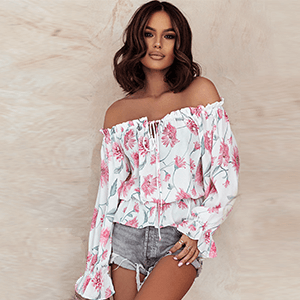 Damen-schulterfreie-Blumenbluse, mit Rüschen, leichter Stoff 2