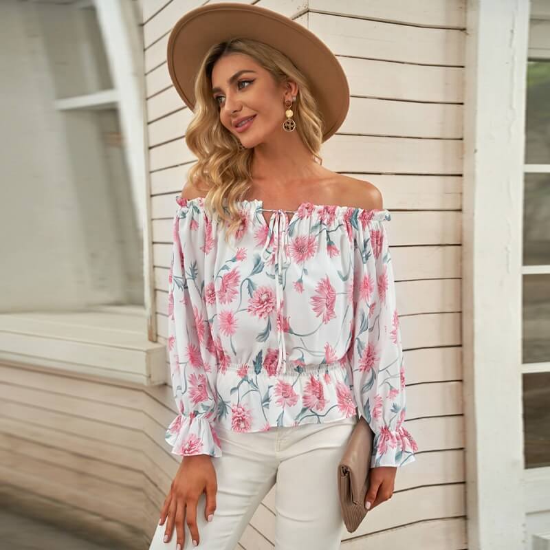 Damen-schulterfreie-Blumenbluse, mit Rüschen, leichter Stoff 4