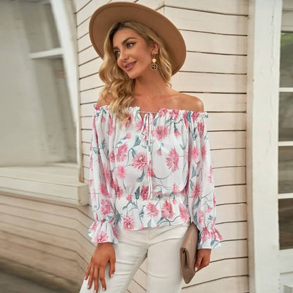 Damen-schulterfreie-Blumenbluse, mit Rüschen, leichter Stoff 4