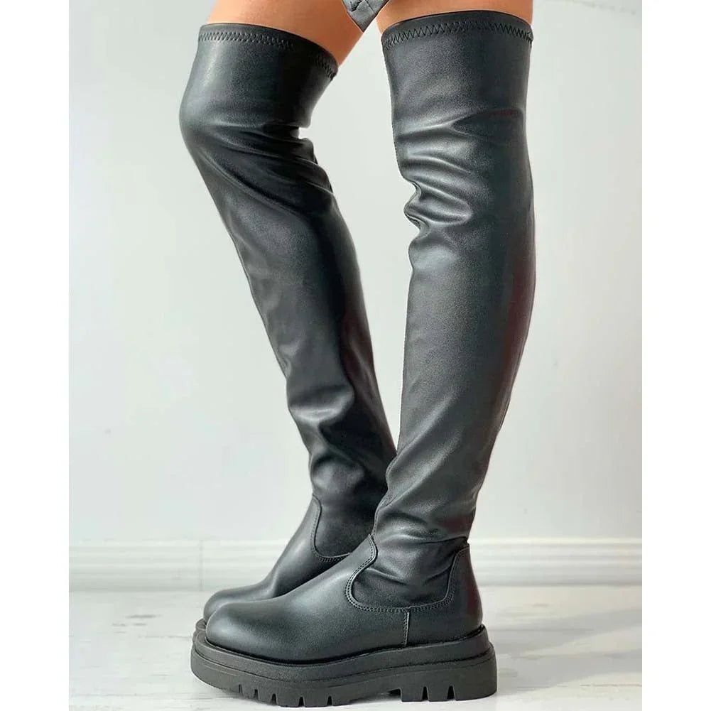 Damen-Overknee-Stiefel, Chunky-Sohle, synthetisches Leder-2