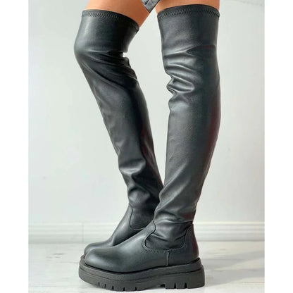 Damen-Overknee-Stiefel, Chunky-Sohle, synthetisches Leder-2