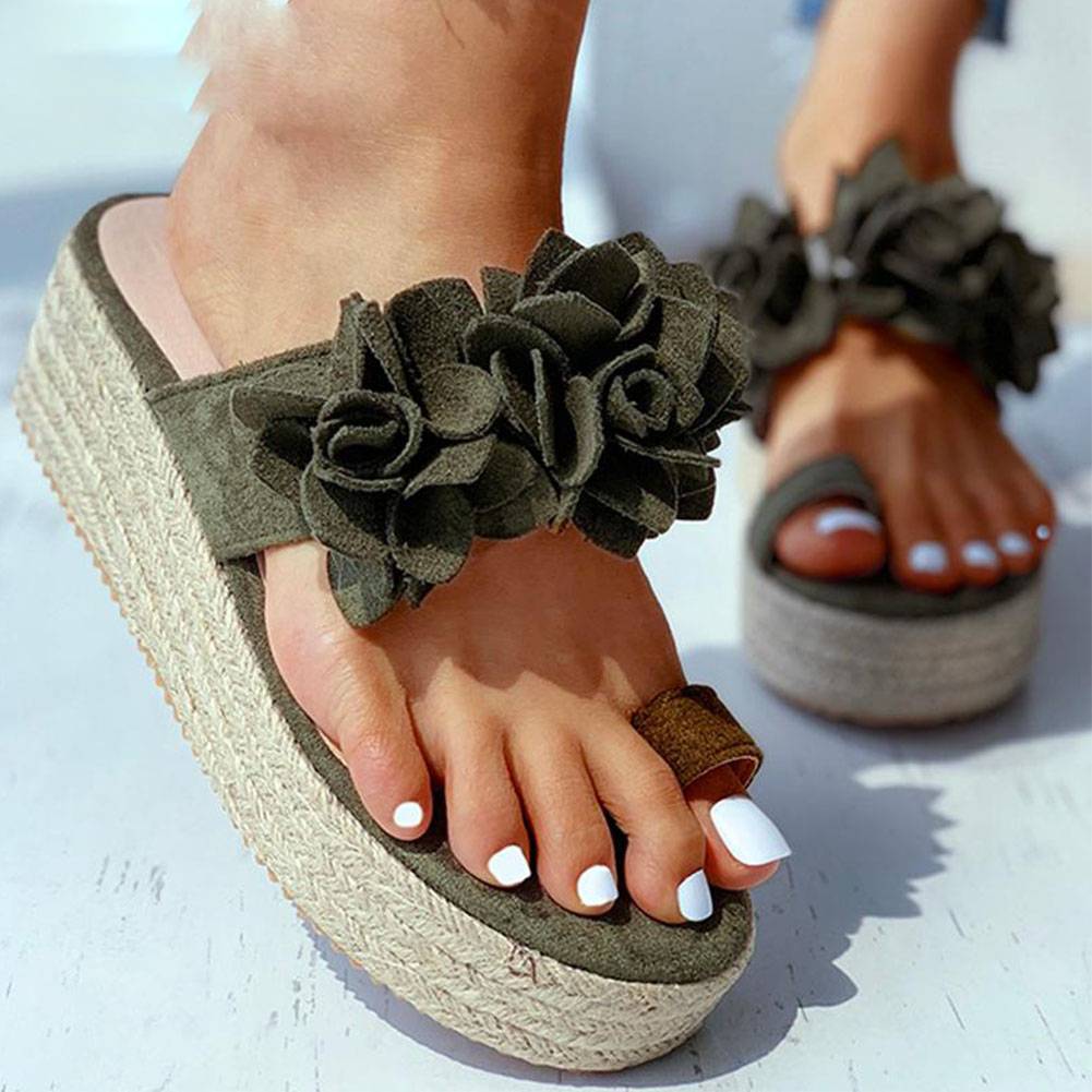Damen-Keilsandalen, geblümt, Riemen, PU, mittlerer Keilabsatz-5