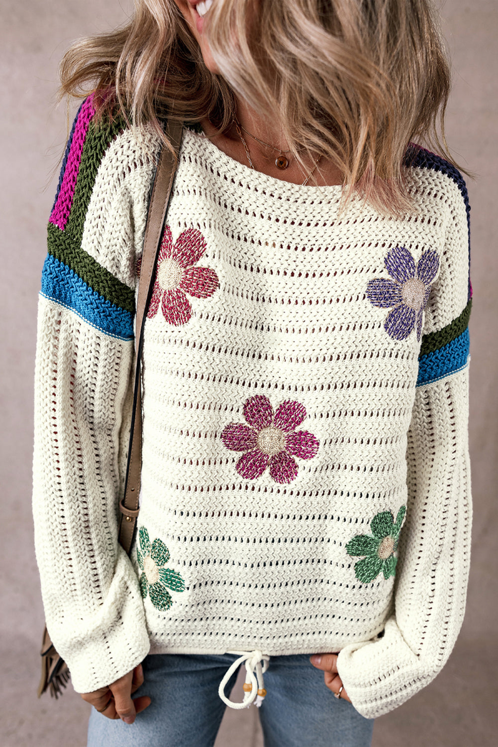 Damen-Pullover, gestrickt mit Gänseblümchen-Muster, luftiges Design-2
