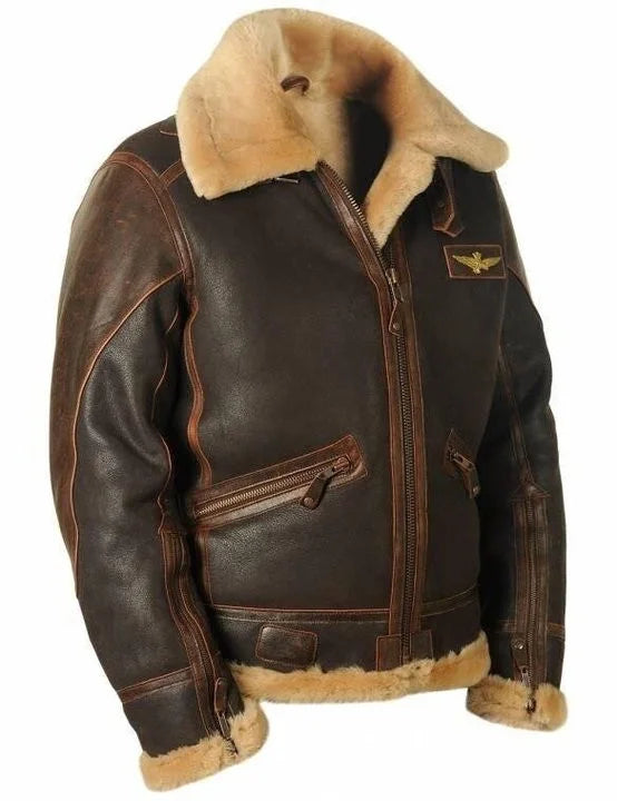 Herren-Pilotjacke, klassisches Lammfell, mit warmem, gefütterter Kragen-3