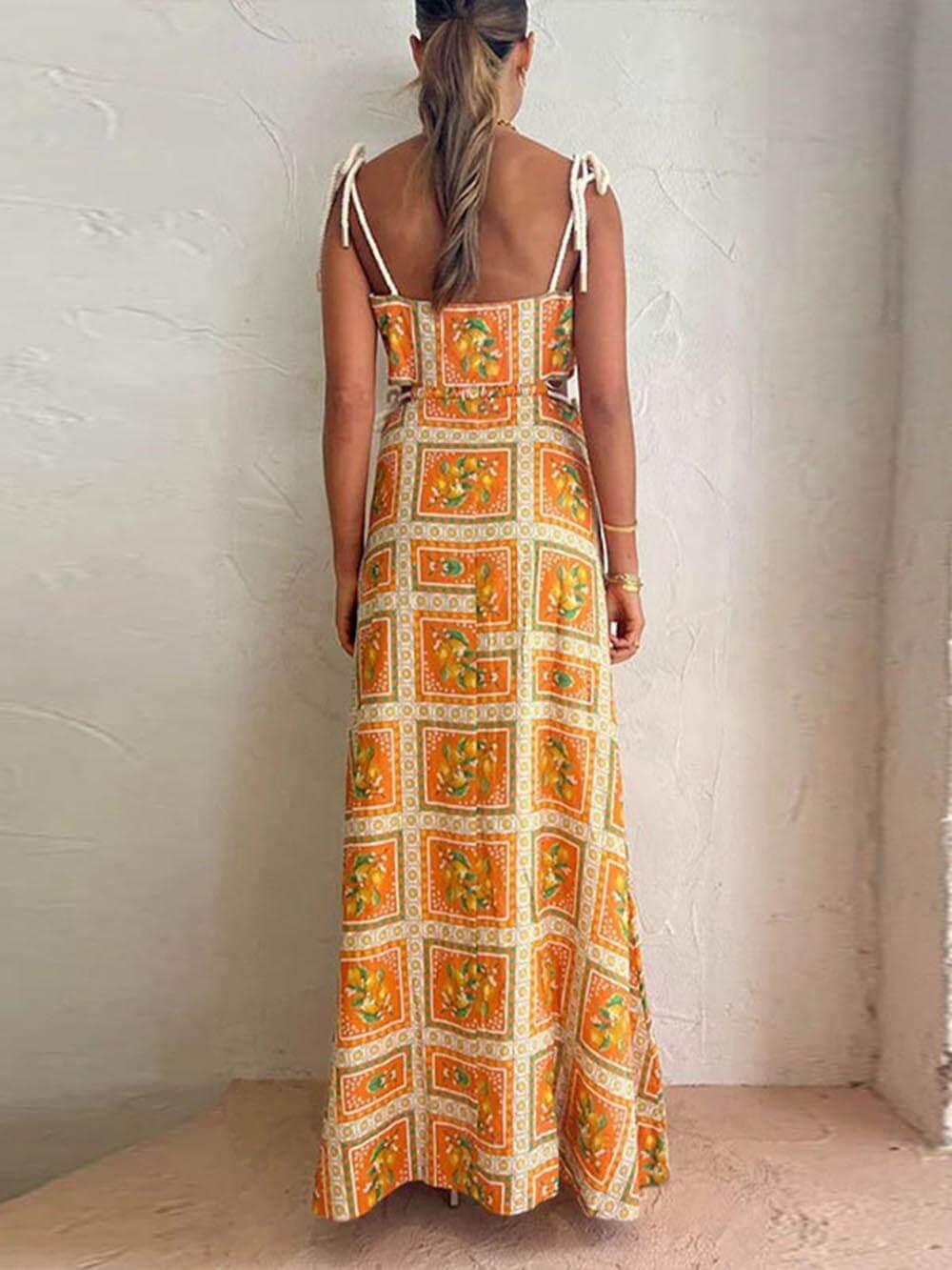 Maxikleid Damen Verstellbare Träger Leichte Polyester Zitronen-Print-3