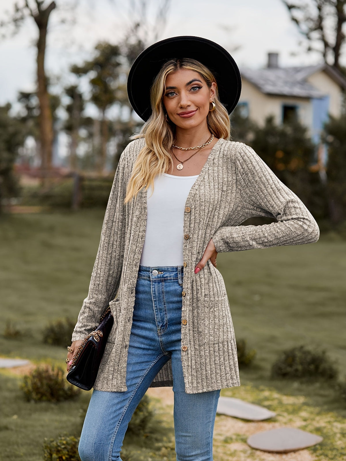 Variant image for Damen-gestrickter Cardigan, gerippt, Baumwolle, langärmelig, lässig-19