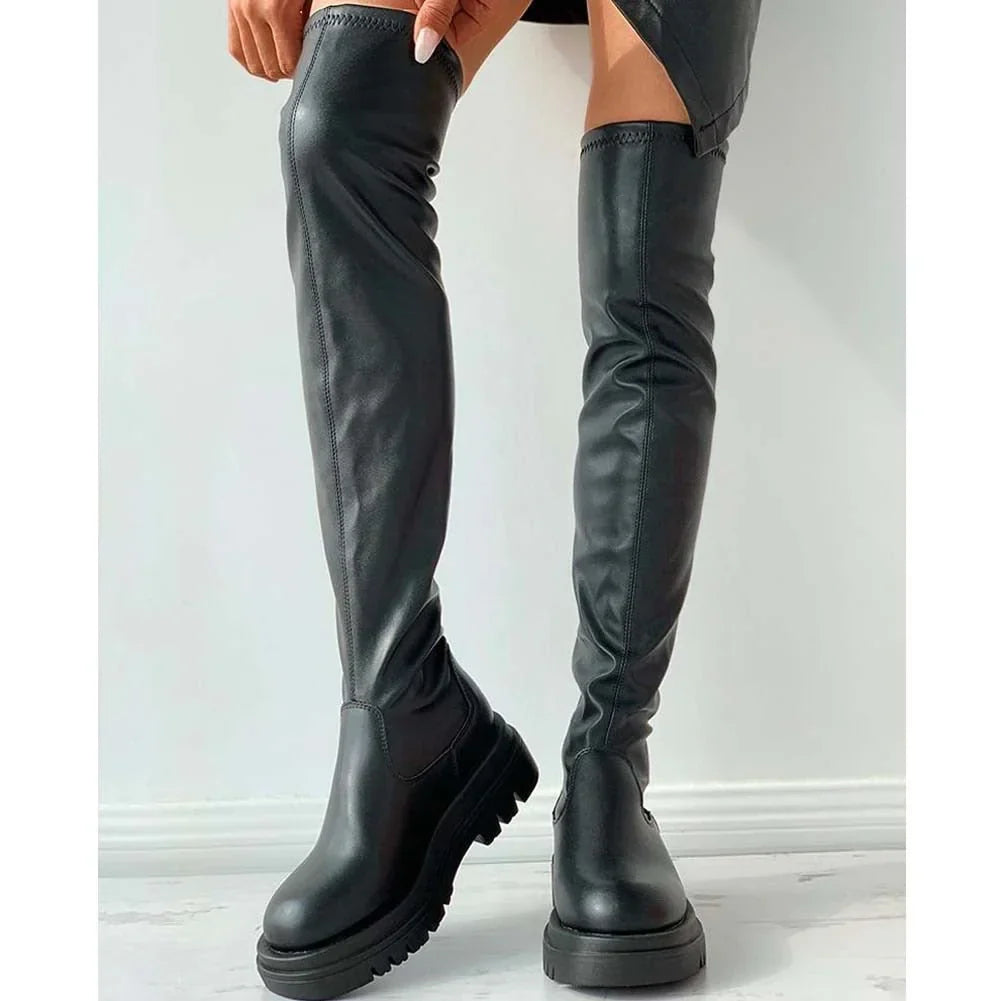 Damen-Overknee-Stiefel, Chunky-Sohle, synthetisches Leder-3