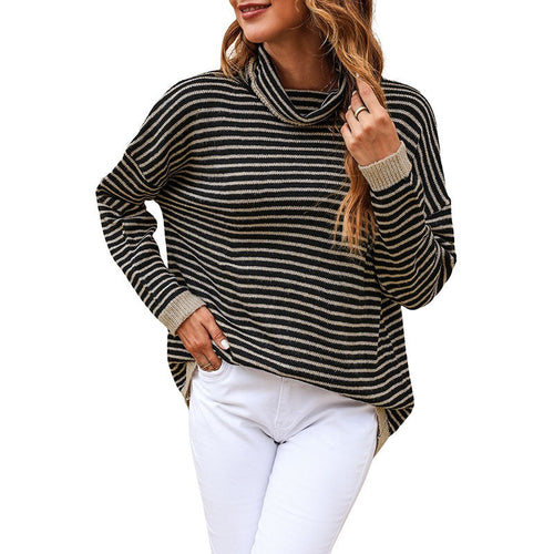 Damen-Strickpullover, Rollkragen, gestreiftes weiches Material-1