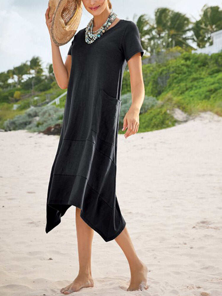 Damenkleid Midi Asymmetrisches Design Baumwolle Polyester Kurzärmlig mit Taschen-5