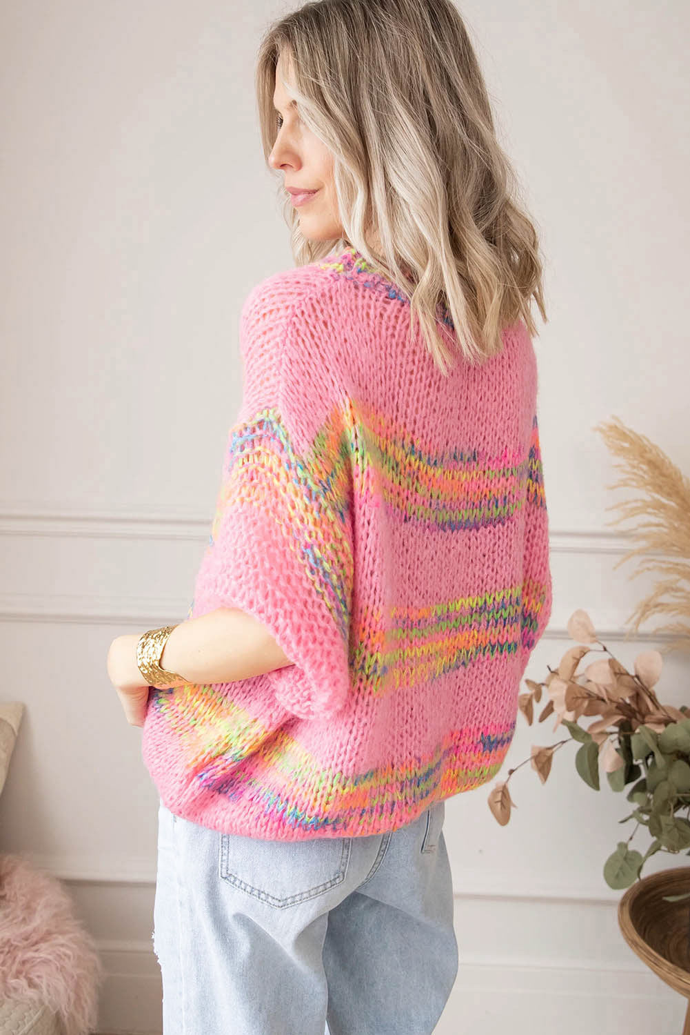 Damen-Strickpullover, bunte Streifen, 3/4-Ärmel, lockere Passform-3