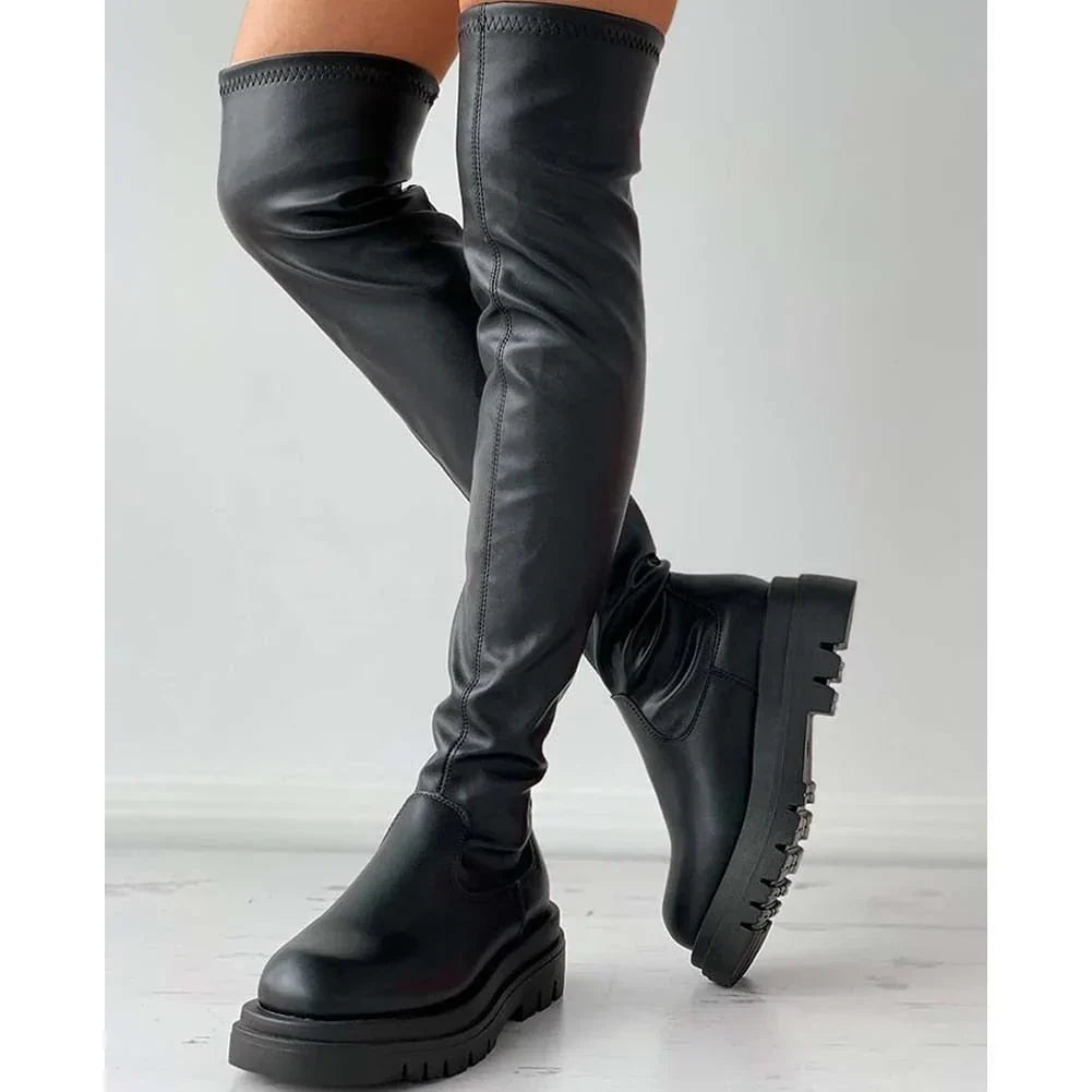 Damen-Overknee-Stiefel, Chunky-Sohle, synthetisches Leder-4