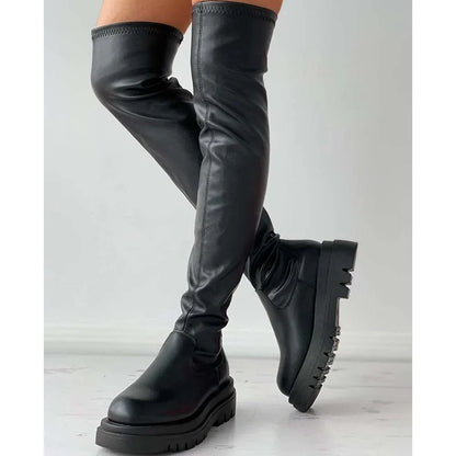 Damen-Overknee-Stiefel, Chunky-Sohle, synthetisches Leder-4