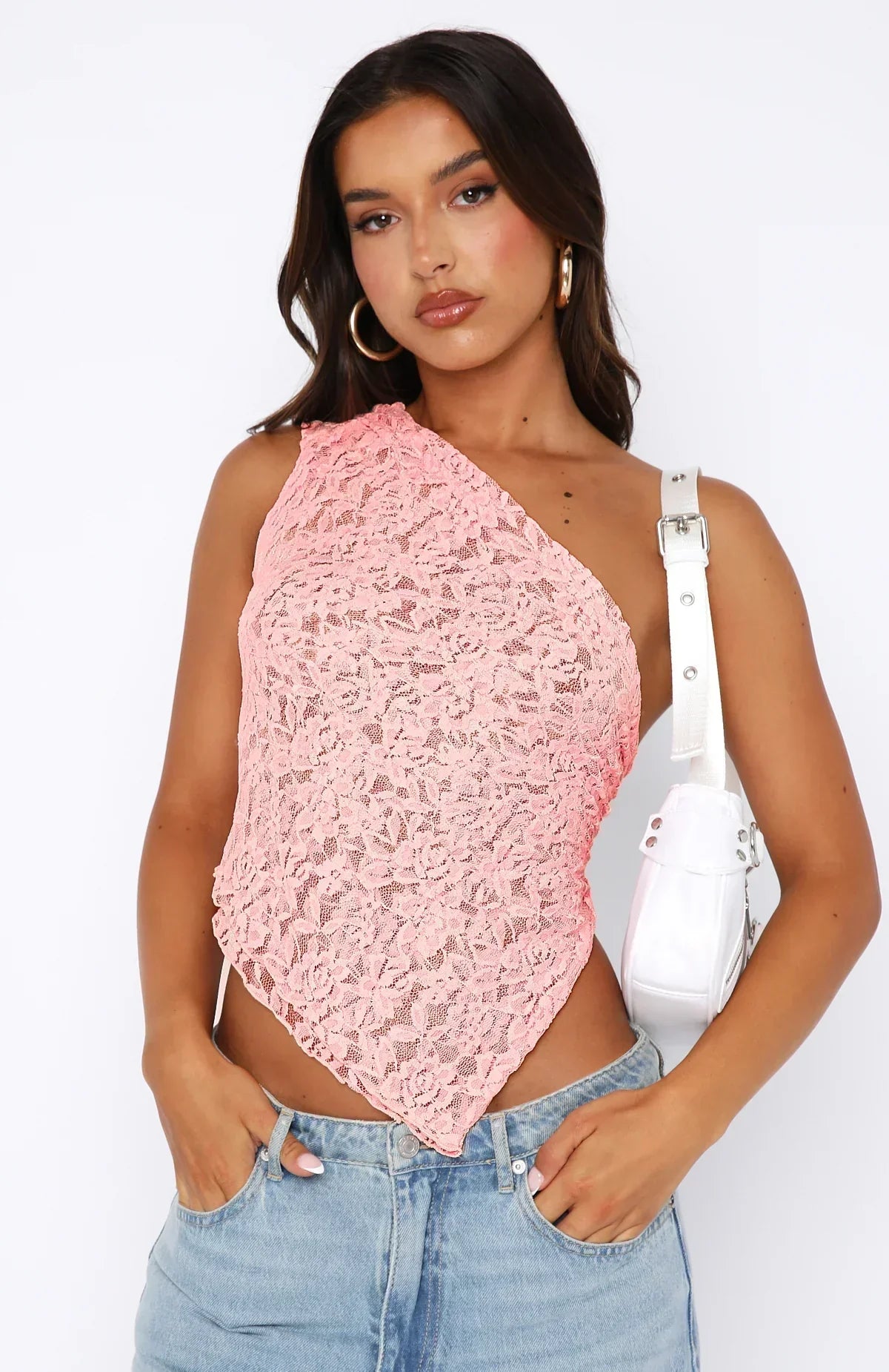 Damen-Asymmetrisches Spitzen-Top mit einer Schulter, Nylon, Elasthan, Party-Tops 10