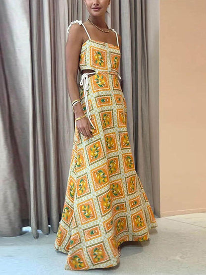 Maxikleid Damen Verstellbare Träger Leichte Polyester Zitronen-Print-2