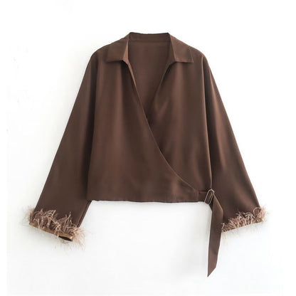 Damen-Strickpullover, langärmelig, Polyester mit Federdetail-1
