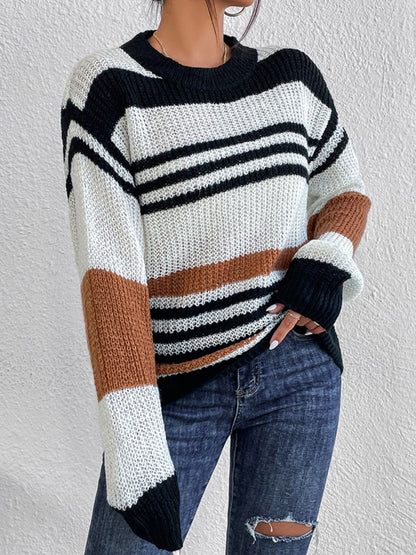 Damen-Pullover, gestreifter runder Ausschnitt, weiche Stoffmischung, Herbst-3