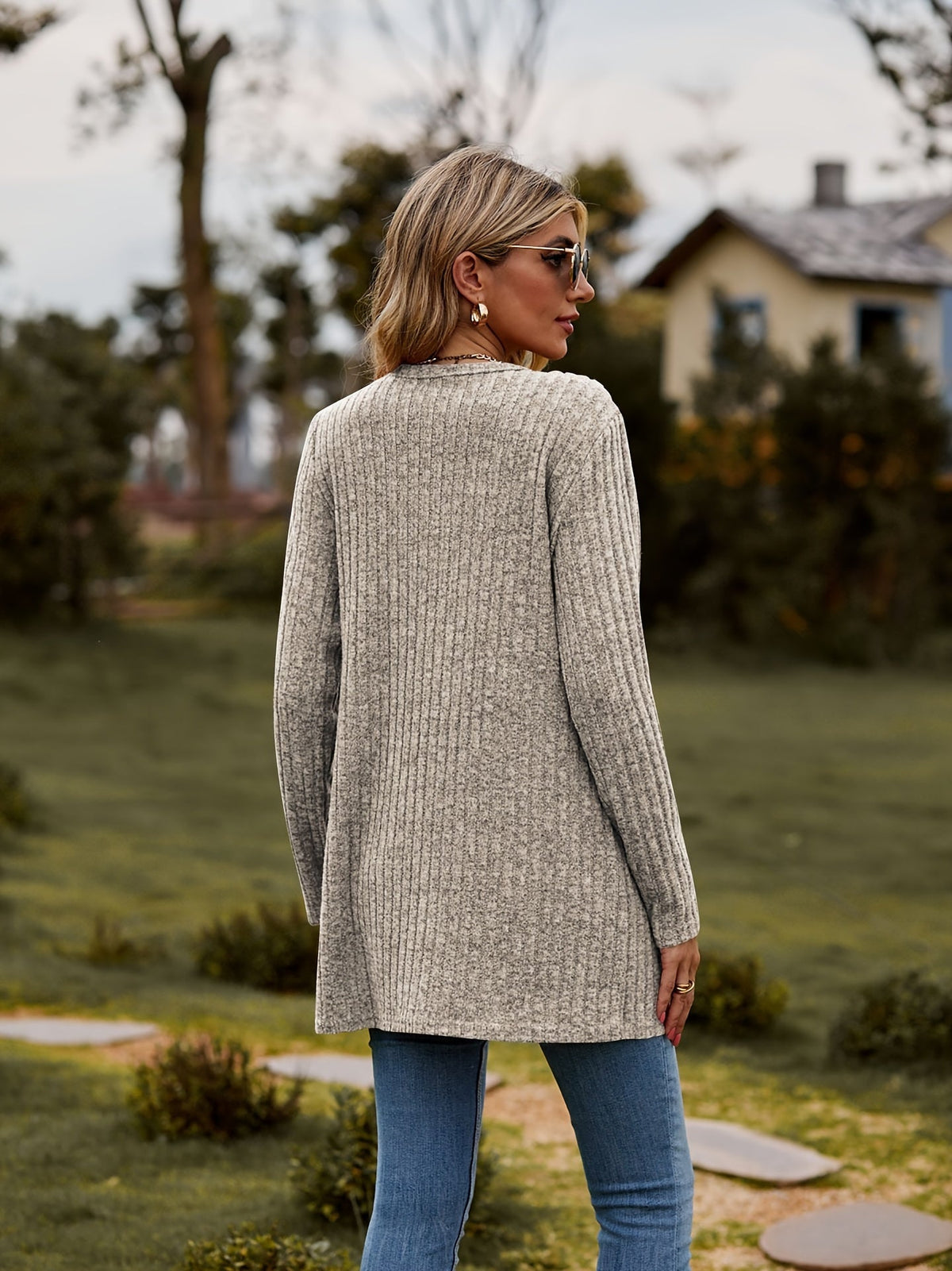 Damen-gestrickter Cardigan, gerippt, Baumwolle, langärmelig, lässig-6