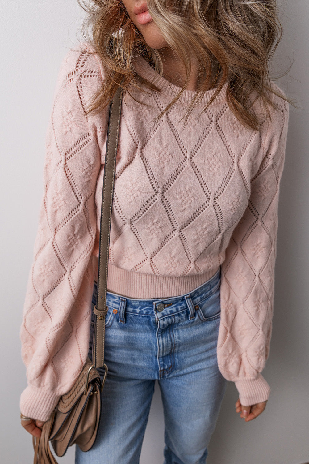Damenpullover Kurzer Schnitt Puffärmel Acryl Rosa-3