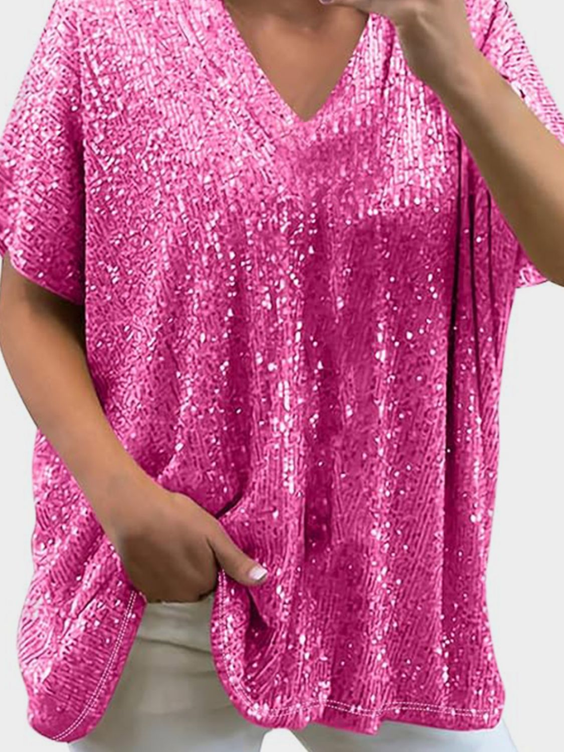 Variant image for Damen-kurzärmelige Bluse, V-Ausschnitt, mit Pailletten, aus Polyester-43