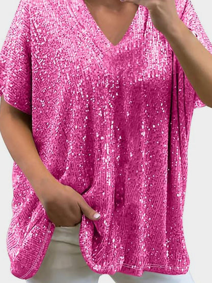 Variant image for Damen-kurzärmelige Bluse, V-Ausschnitt, mit Pailletten, aus Polyester-43