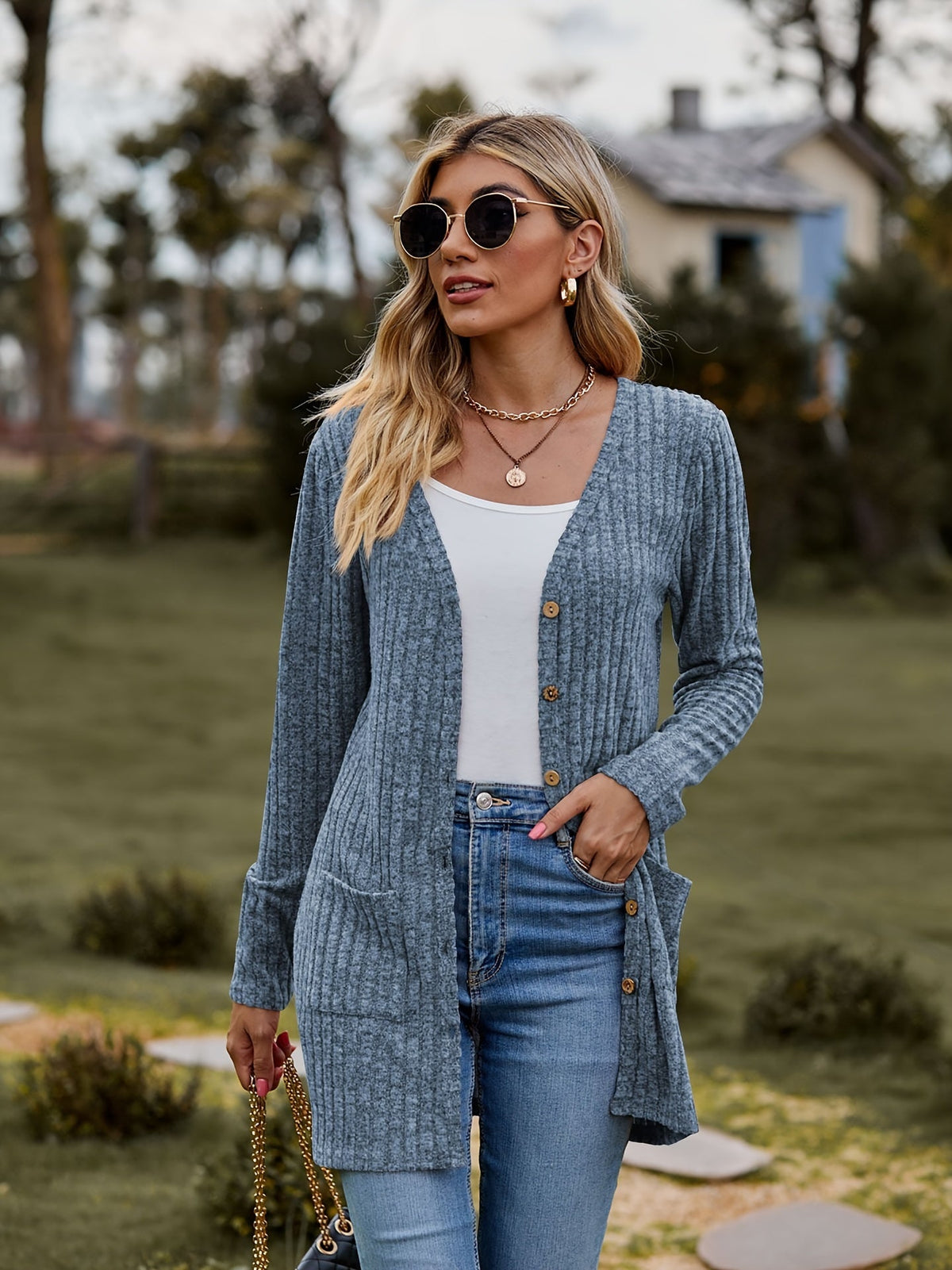 Damen-gestrickter Cardigan, gerippt, Baumwolle, langärmelig, lässig-2