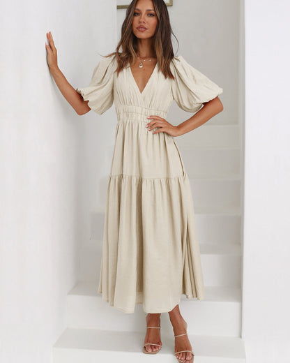 Damen-Kleid, V-Ausschnitt, Puffärmel, fließender Stoff-1