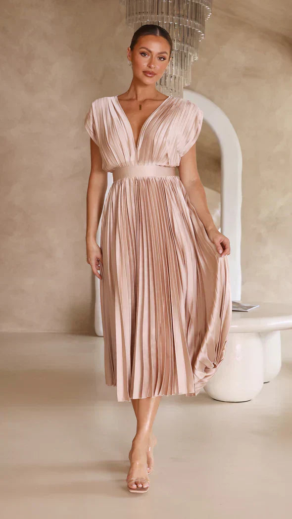Damen-Midi-Kleid, gerafften Details, zeitloser Stil, eleganter Erstklassiger Stoff-4