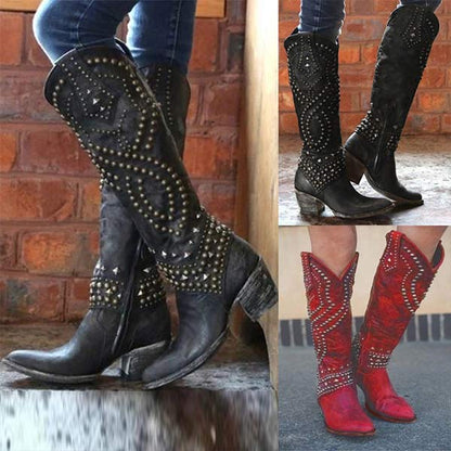 Damenstiefel, hoch, Chunky Absatz, synthetisches Material, mit metallischen Nieten-2