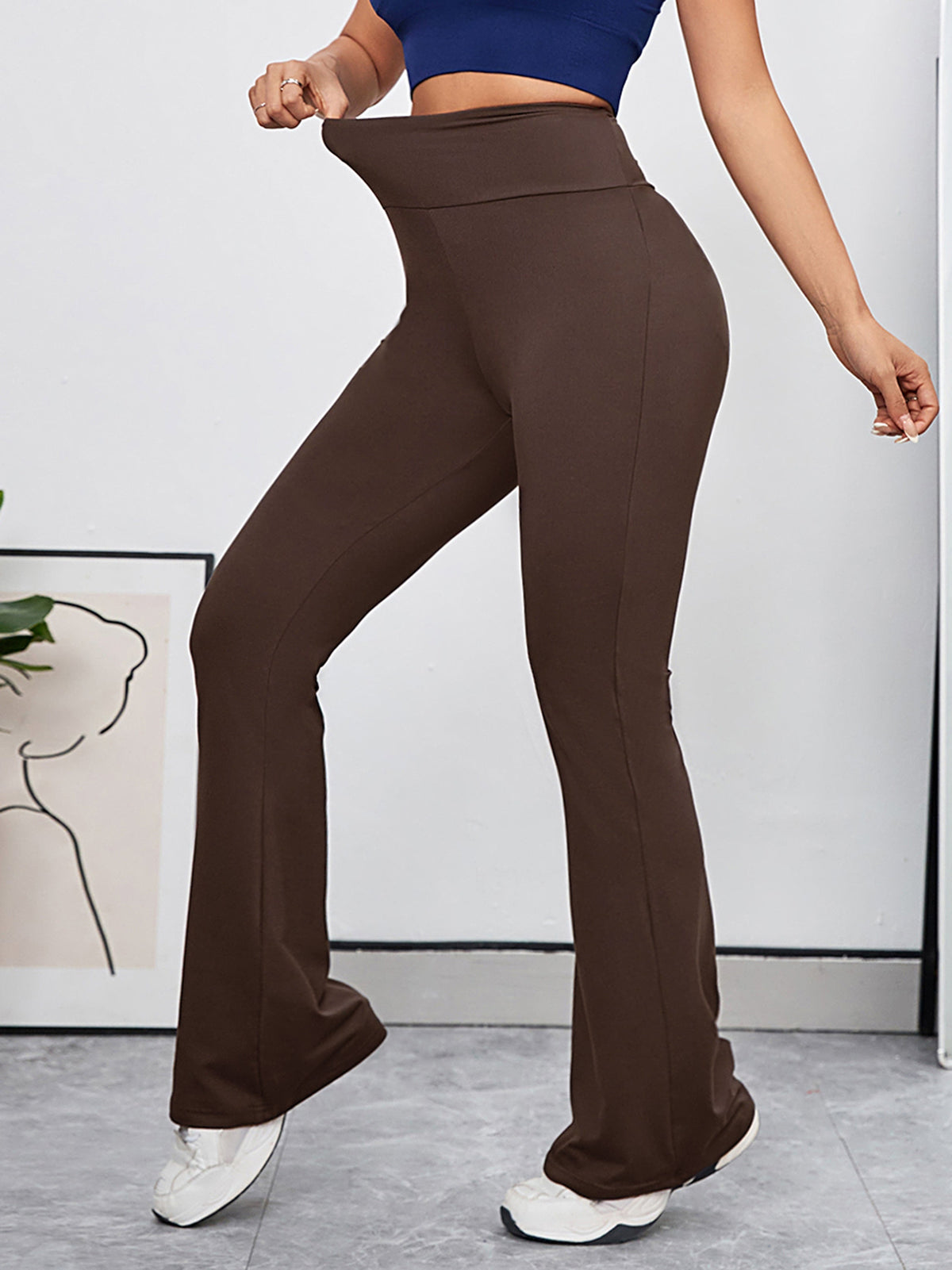 Damen-Hose, hohe Taille, ausgestellt, Stretchmaterial-6