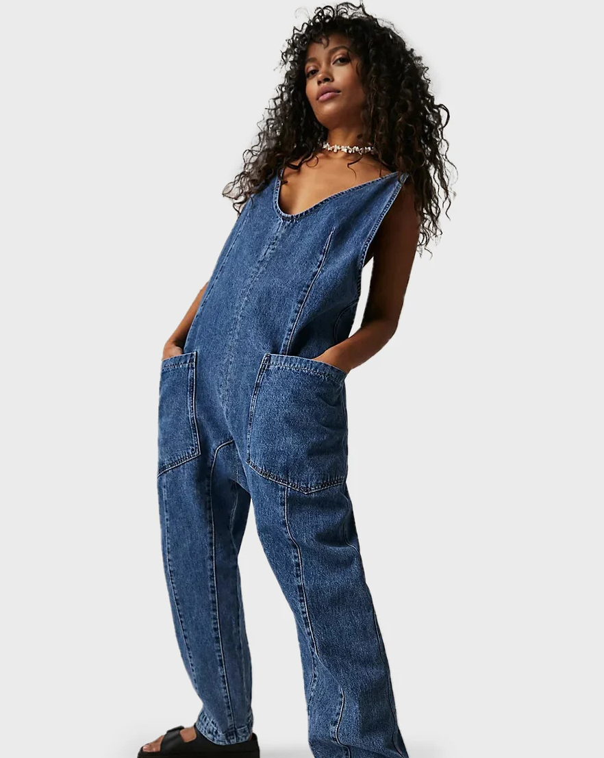 Damen-Overall, tiefer U-Ausschnitt, weite Hosenbeine, hochwertiger Denim-1