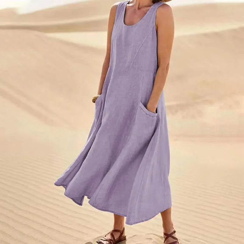 Damen-Kleines Leinenkleid mit Taschen, atmungsaktiv, Loose Fit 15