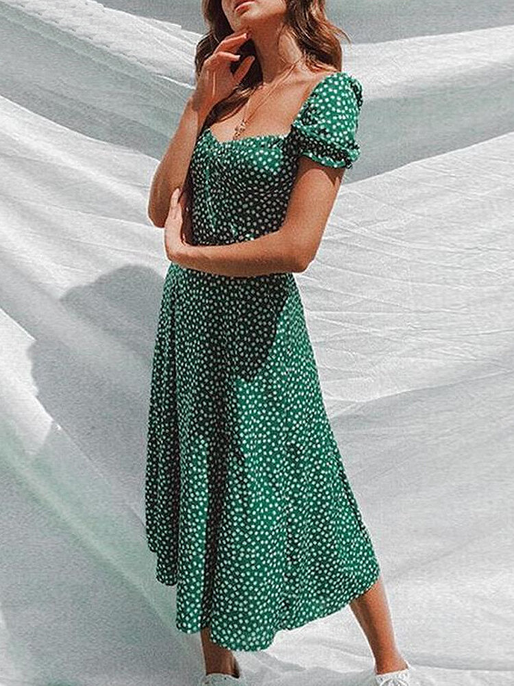 Damenkleid Kurzärmlig Blumenmuster Polyester Viereckiger Ausschnitt-4