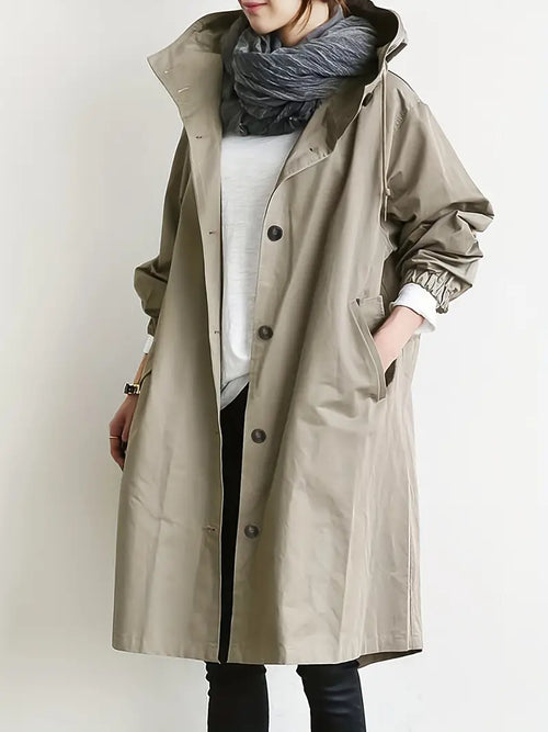Langer Trenchcoat Damen mit Kapuze und Verstellbar Kordelzug aus hochwertigem Polyester-1