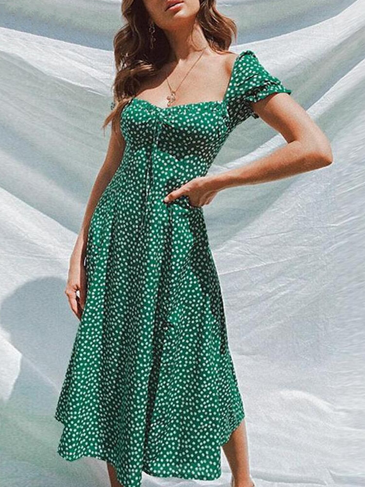 Damenkleid Kurzärmlig Blumenmuster Polyester Viereckiger Ausschnitt-3