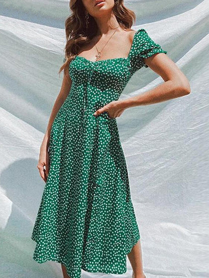 Damenkleid Kurzärmlig Blumenmuster Polyester Viereckiger Ausschnitt-3
