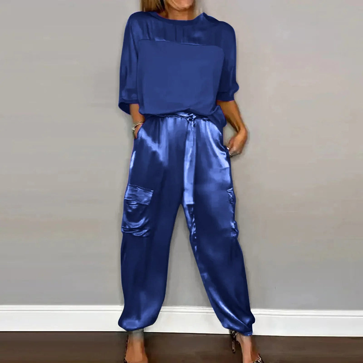 Damen-Loungewear-Set, elegantes zweiteiliges Set aus Satin mit lässiger Passform-5