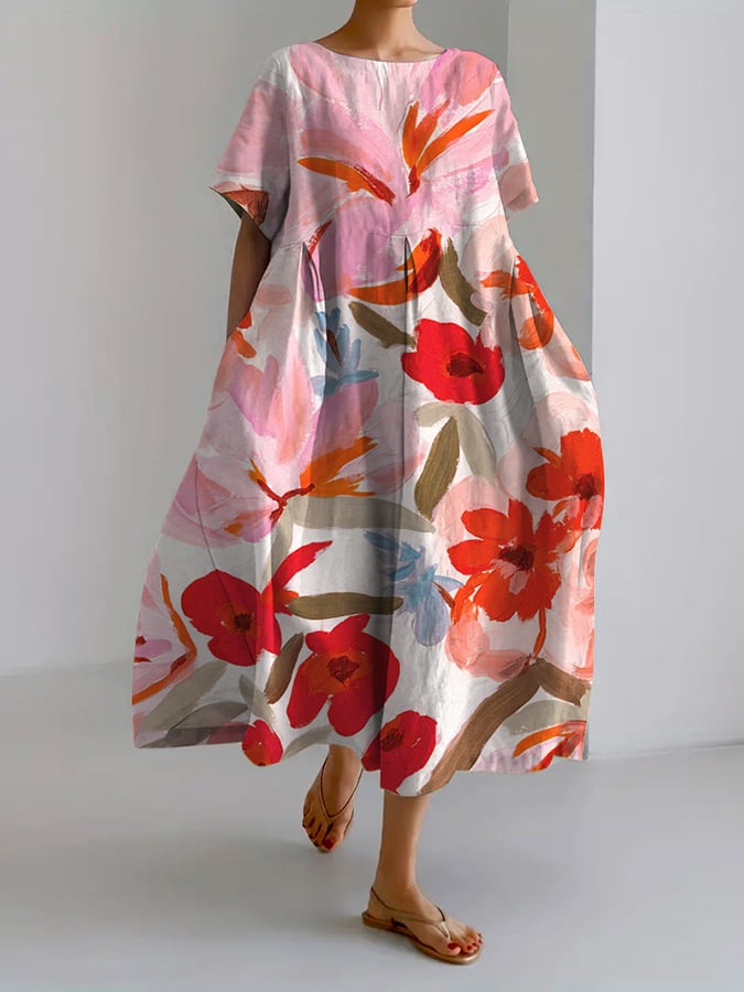 Damen-Freizeitkleid, Retro, Blumenmuster, atmungsaktiver Stoff-3