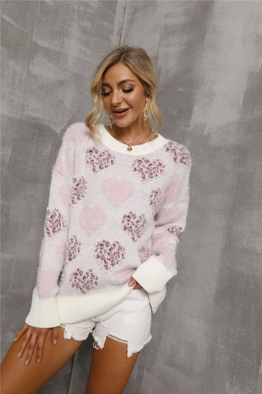 Damen Oversized Pullover Gemustert Polyester Fleece 4
