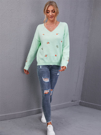 Damen-Pullover, mit V-Ausschnitt besticktes Polyester Oversized-6