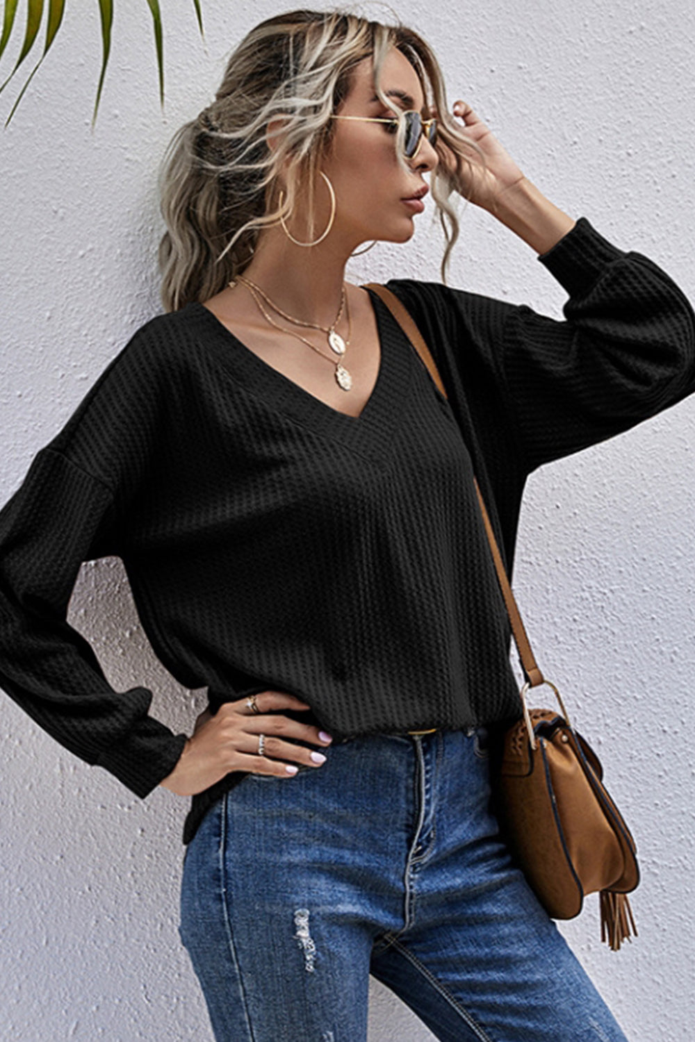 Langarm-Top mit V-Ausschnitt für Damen aus Polyester – Lockere Passform, einfarbiges Party-Top 1