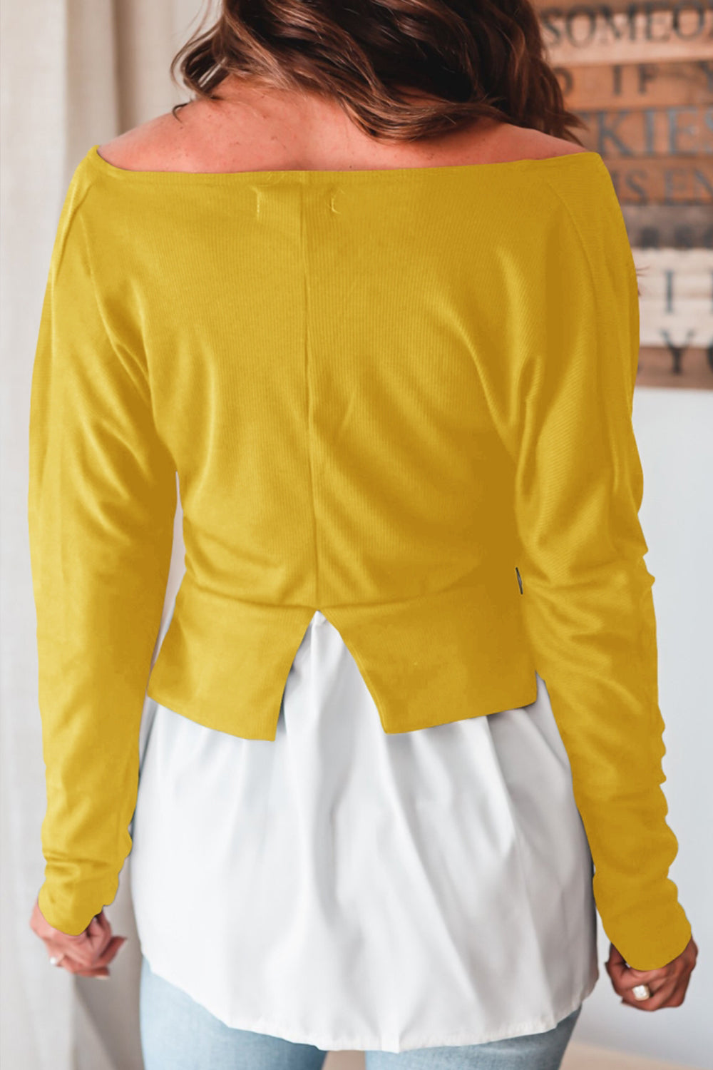 Asymmetrisches Top mit V-Ausschnitt für Damen aus Polyester – trendiges Party-Top mit Patchwork-Design, langärmelig 3