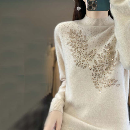 Damen-Strickpullover, mit Blattmuster aus Baumwolle und Acryl, halbhocher Ausschnitt, lange Ärmel-5