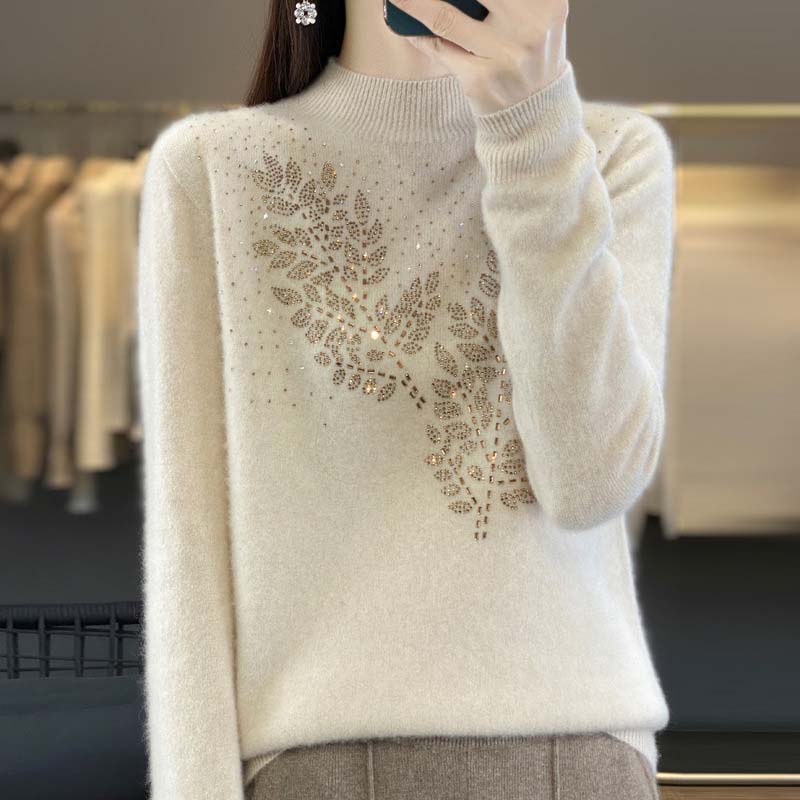 Damen-Strickpullover, mit Blattmuster aus Baumwolle und Acryl, halbhocher Ausschnitt, lange Ärmel-4
