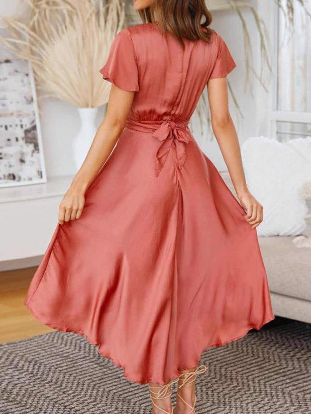 Damen-Maxikleid, Wickel, Satin, elegantes langes Kleid-3