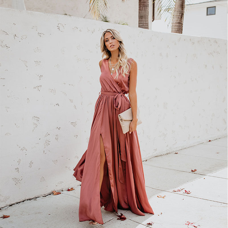 Damen-Kleid Ärmellos Lang Hochwertiger Stoff-5