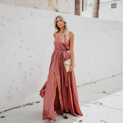 Damen-Kleid Ärmellos Lang Hochwertiger Stoff-5