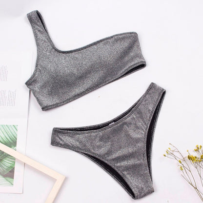 Badeanzug Damen Einschulterig Tiefer V-Ausschnitt Glitzer Hochwertiger Stoff-4
