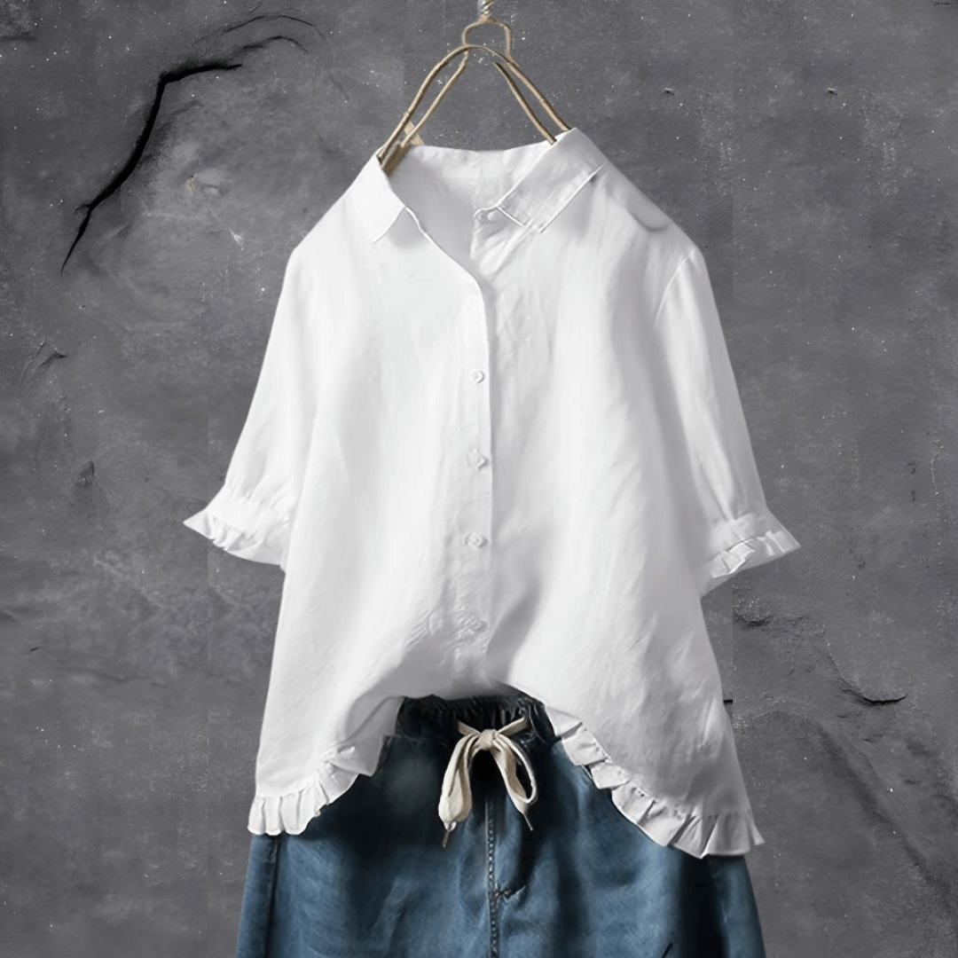 Damenbluse mit Dreiviertelärmeln Rüschenbesetzter Saum weicher Stoffmischung-2